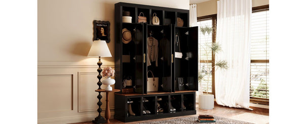 English Elm U-Can Farmhouse Hall Tree with Lockable Closets Shoe Cubbies and Walnut Accent Top Black SJ000165AAB