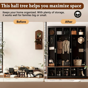 English Elm U-Can Farmhouse Hall Tree with Lockable Closets Shoe Cubbies and Walnut Accent Top Black SJ000165AAB