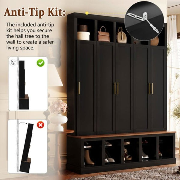 English Elm U-Can Farmhouse Hall Tree with Lockable Closets Shoe Cubbies and Walnut Accent Top Black SJ000165AAB