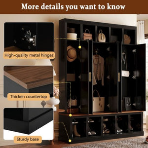 English Elm U-Can Farmhouse Hall Tree with Lockable Closets Shoe Cubbies and Walnut Accent Top Black SJ000165AAB