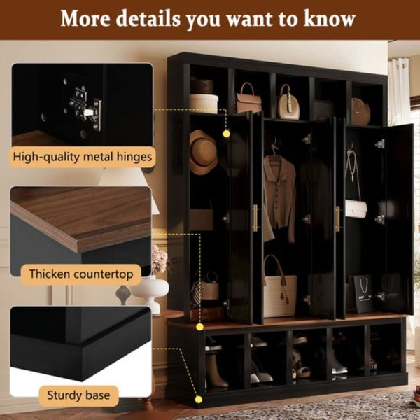 English Elm U-Can Farmhouse Hall Tree with Lockable Closets Shoe Cubbies and Walnut Accent Top Black SJ000165AAB