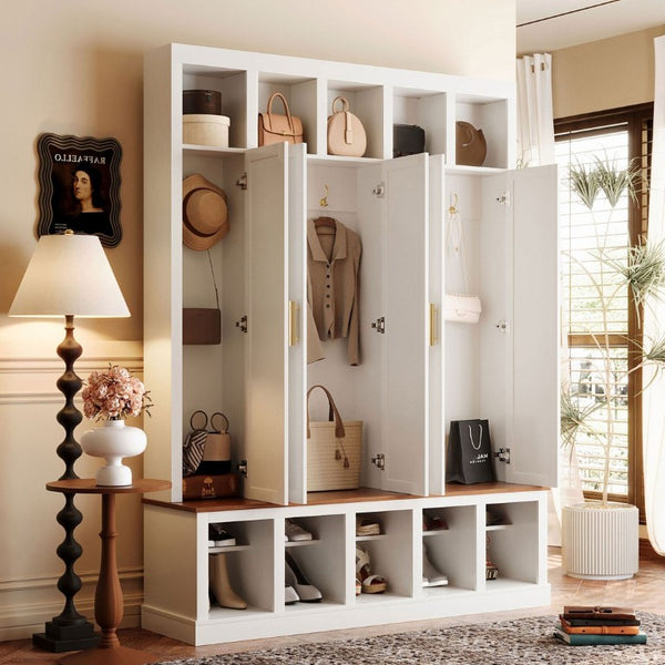 English Elm U-Can Farmhouse Hall Tree with Lockable Closets Shoe Cubbies and Walnut Accent Top Ancient White SJ000165AAK