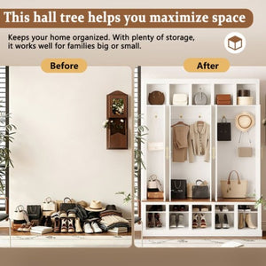 English Elm U-Can Farmhouse Hall Tree with Lockable Closets Shoe Cubbies and Walnut Accent Top Ancient White SJ000165AAK