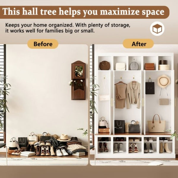 English Elm U-Can Farmhouse Hall Tree with Lockable Closets Shoe Cubbies and Walnut Accent Top Ancient White SJ000165AAK