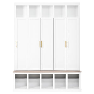 English Elm U-Can Farmhouse Hall Tree with Lockable Closets Shoe Cubbies and Walnut Accent Top Ancient White SJ000165AAK
