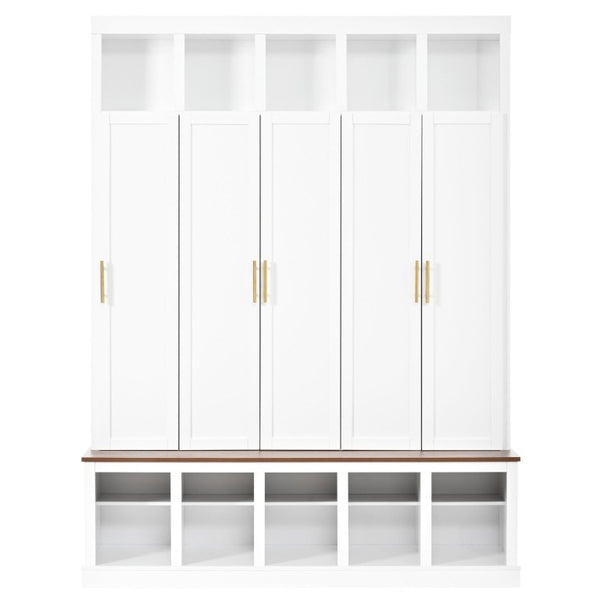 English Elm U-Can Farmhouse Hall Tree with Lockable Closets Shoe Cubbies and Walnut Accent Top Ancient White SJ000165AAK