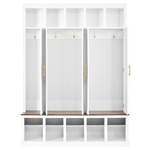 English Elm U-Can Farmhouse Hall Tree with Lockable Closets Shoe Cubbies and Walnut Accent Top Ancient White SJ000165AAK