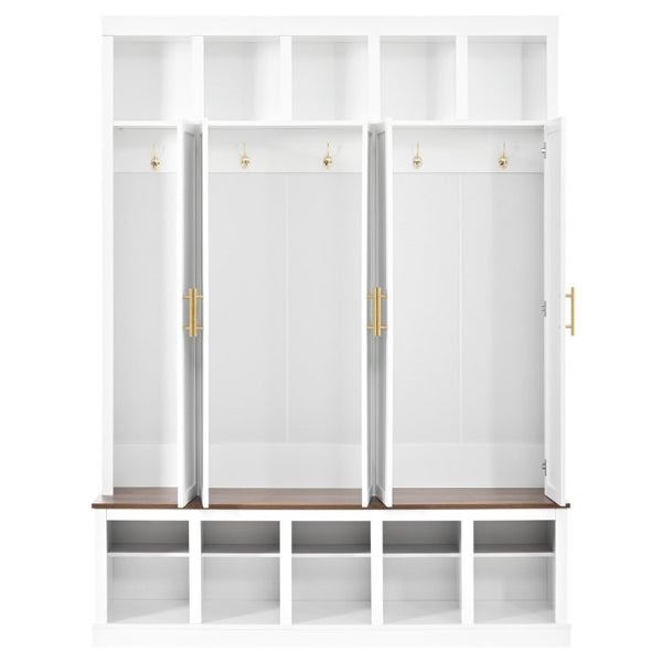 English Elm U-Can Farmhouse Hall Tree with Lockable Closets Shoe Cubbies and Walnut Accent Top Ancient White SJ000165AAK