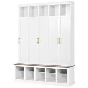 English Elm U-Can Farmhouse Hall Tree with Lockable Closets Shoe Cubbies and Walnut Accent Top Ancient White SJ000165AAK