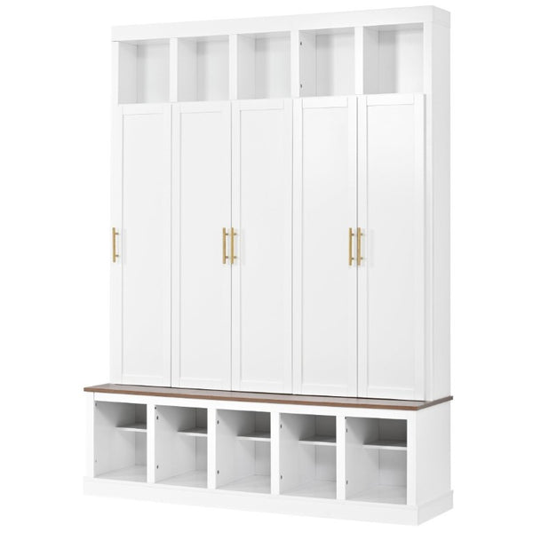 English Elm U-Can Farmhouse Hall Tree with Lockable Closets Shoe Cubbies and Walnut Accent Top Ancient White SJ000165AAK