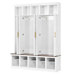 English Elm U-Can Farmhouse Hall Tree with Lockable Closets Shoe Cubbies and Walnut Accent Top Ancient White SJ000165AAK