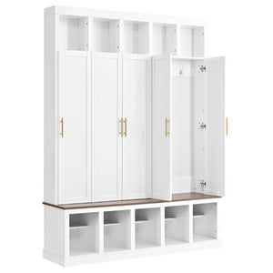English Elm U-Can Farmhouse Hall Tree with Lockable Closets Shoe Cubbies and Walnut Accent Top Ancient White SJ000165AAK