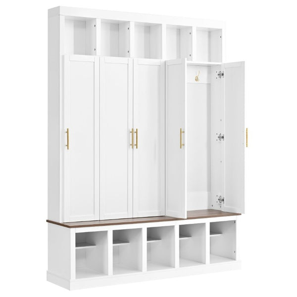 English Elm U-Can Farmhouse Hall Tree with Lockable Closets Shoe Cubbies and Walnut Accent Top Ancient White SJ000165AAK