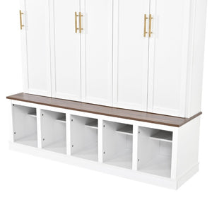 English Elm U-Can Farmhouse Hall Tree with Lockable Closets Shoe Cubbies and Walnut Accent Top Ancient White SJ000165AAK