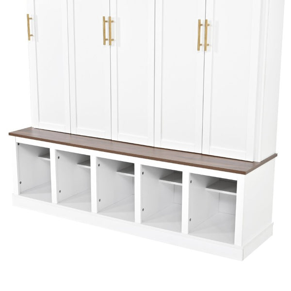 English Elm U-Can Farmhouse Hall Tree with Lockable Closets Shoe Cubbies and Walnut Accent Top Ancient White SJ000165AAK