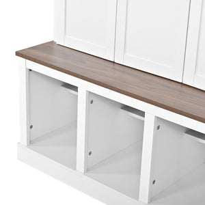 English Elm U-Can Farmhouse Hall Tree with Lockable Closets Shoe Cubbies and Walnut Accent Top Ancient White SJ000165AAK