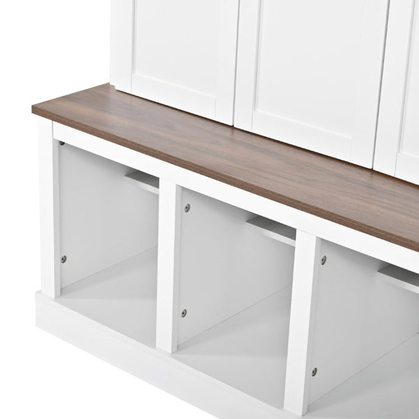 English Elm U-Can Farmhouse Hall Tree with Lockable Closets Shoe Cubbies and Walnut Accent Top Ancient White SJ000165AAK