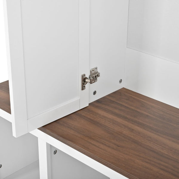 English Elm U-Can Farmhouse Hall Tree with Lockable Closets Shoe Cubbies and Walnut Accent Top Ancient White SJ000165AAK