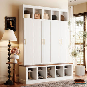 English Elm U-Can Farmhouse Hall Tree with Lockable Closets Shoe Cubbies and Walnut Accent Top Ancient White SJ000165AAK