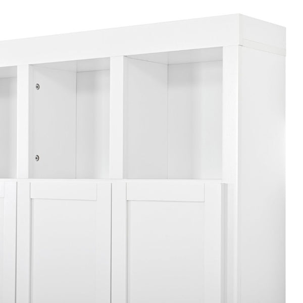English Elm U-Can Farmhouse Hall Tree with Lockable Closets Shoe Cubbies and Walnut Accent Top Ancient White SJ000165AAK