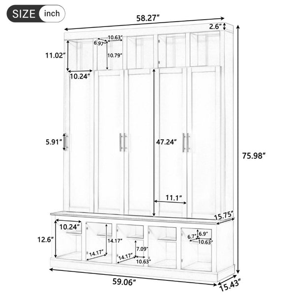 English Elm U-Can Farmhouse Hall Tree with Lockable Closets Shoe Cubbies and Walnut Accent Top Ancient White SJ000165AAK