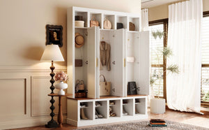 English Elm U-Can Farmhouse Hall Tree with Lockable Closets Shoe Cubbies and Walnut Accent Top Ancient White SJ000165AAK