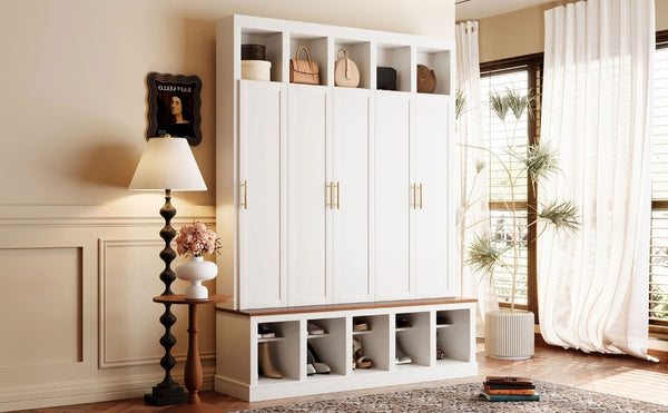 English Elm U-Can Farmhouse Hall Tree with Lockable Closets Shoe Cubbies and Walnut Accent Top Ancient White SJ000165AAK