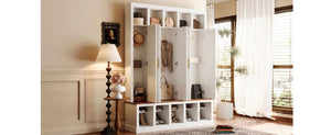 English Elm U-Can Farmhouse Hall Tree with Lockable Closets Shoe Cubbies and Walnut Accent Top Ancient White SJ000165AAK