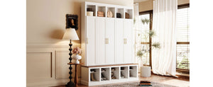 English Elm U-Can Farmhouse Hall Tree with Lockable Closets Shoe Cubbies and Walnut Accent Top Ancient White SJ000165AAK