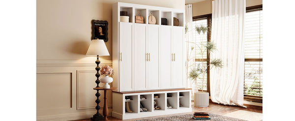 English Elm U-Can Farmhouse Hall Tree with Lockable Closets Shoe Cubbies and Walnut Accent Top Ancient White SJ000165AAK