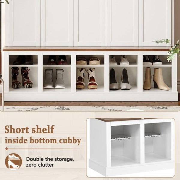 English Elm U-Can Farmhouse Hall Tree with Lockable Closets Shoe Cubbies and Walnut Accent Top Ancient White SJ000165AAK