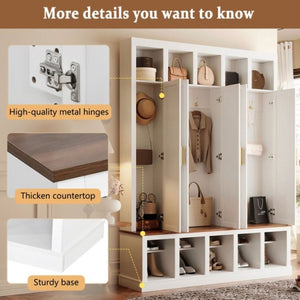 English Elm U-Can Farmhouse Hall Tree with Lockable Closets Shoe Cubbies and Walnut Accent Top Ancient White SJ000165AAK