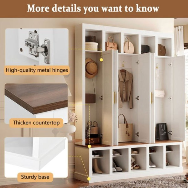 English Elm U-Can Farmhouse Hall Tree with Lockable Closets Shoe Cubbies and Walnut Accent Top Ancient White SJ000165AAK