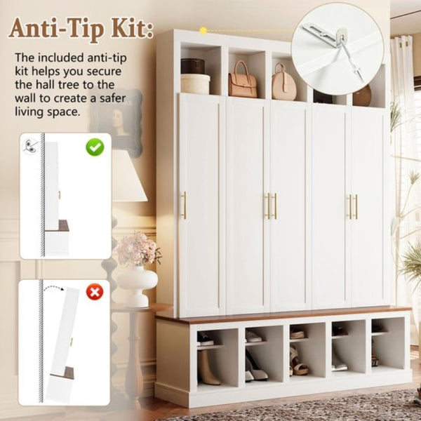English Elm U-Can Farmhouse Hall Tree with Lockable Closets Shoe Cubbies and Walnut Accent Top Ancient White SJ000165AAK