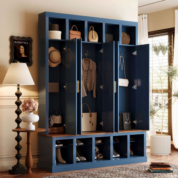 English Elm U-Can Farmhouse Hall Tree with Lockable Closets Shoe Cubbies and Walnut Accent Top Navy Blue SJ000165AAN