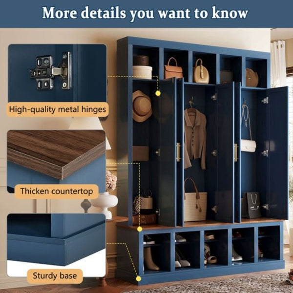 English Elm U-Can Farmhouse Hall Tree with Lockable Closets Shoe Cubbies and Walnut Accent Top Navy Blue SJ000165AAN