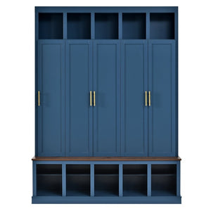 English Elm U-Can Farmhouse Hall Tree with Lockable Closets Shoe Cubbies and Walnut Accent Top Navy Blue SJ000165AAN