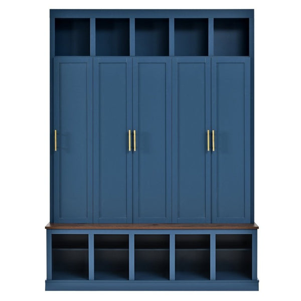English Elm U-Can Farmhouse Hall Tree with Lockable Closets Shoe Cubbies and Walnut Accent Top Navy Blue SJ000165AAN
