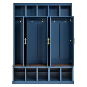 English Elm U-Can Farmhouse Hall Tree with Lockable Closets Shoe Cubbies and Walnut Accent Top Navy Blue SJ000165AAN