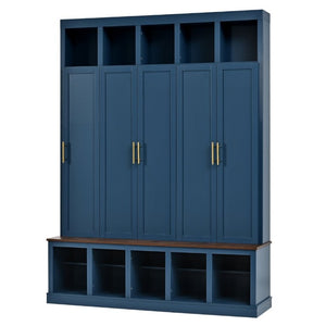 English Elm U-Can Farmhouse Hall Tree with Lockable Closets Shoe Cubbies and Walnut Accent Top Navy Blue SJ000165AAN
