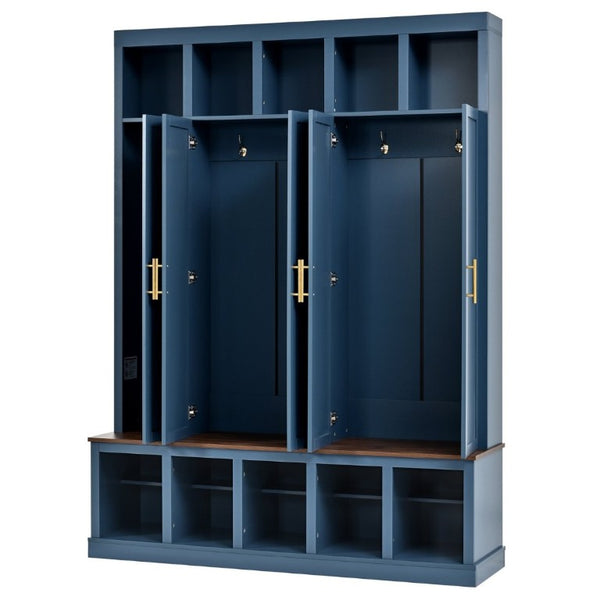 English Elm U-Can Farmhouse Hall Tree with Lockable Closets Shoe Cubbies and Walnut Accent Top Navy Blue SJ000165AAN