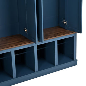 English Elm U-Can Farmhouse Hall Tree with Lockable Closets Shoe Cubbies and Walnut Accent Top Navy Blue SJ000165AAN