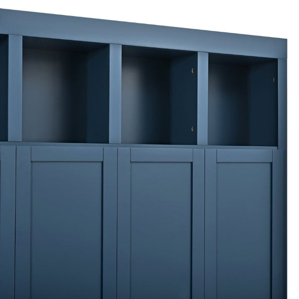 English Elm U-Can Farmhouse Hall Tree with Lockable Closets Shoe Cubbies and Walnut Accent Top Navy Blue SJ000165AAN