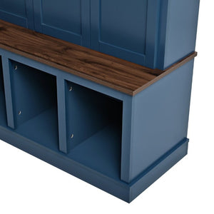 English Elm U-Can Farmhouse Hall Tree with Lockable Closets Shoe Cubbies and Walnut Accent Top Navy Blue SJ000165AAN