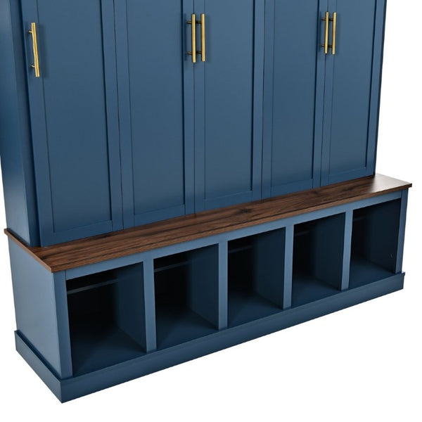 English Elm U-Can Farmhouse Hall Tree with Lockable Closets Shoe Cubbies and Walnut Accent Top Navy Blue SJ000165AAN