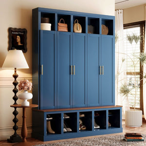 English Elm U-Can Farmhouse Hall Tree with Lockable Closets Shoe Cubbies and Walnut Accent Top Navy Blue SJ000165AAN