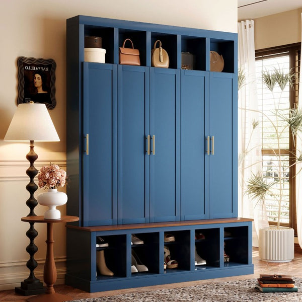 English Elm U-Can Farmhouse Hall Tree with Lockable Closets Shoe Cubbies and Walnut Accent Top Navy Blue SJ000165AAN