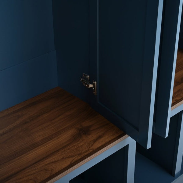 English Elm U-Can Farmhouse Hall Tree with Lockable Closets Shoe Cubbies and Walnut Accent Top Navy Blue SJ000165AAN