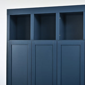 English Elm U-Can Farmhouse Hall Tree with Lockable Closets Shoe Cubbies and Walnut Accent Top Navy Blue SJ000165AAN