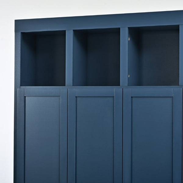 English Elm U-Can Farmhouse Hall Tree with Lockable Closets Shoe Cubbies and Walnut Accent Top Navy Blue SJ000165AAN